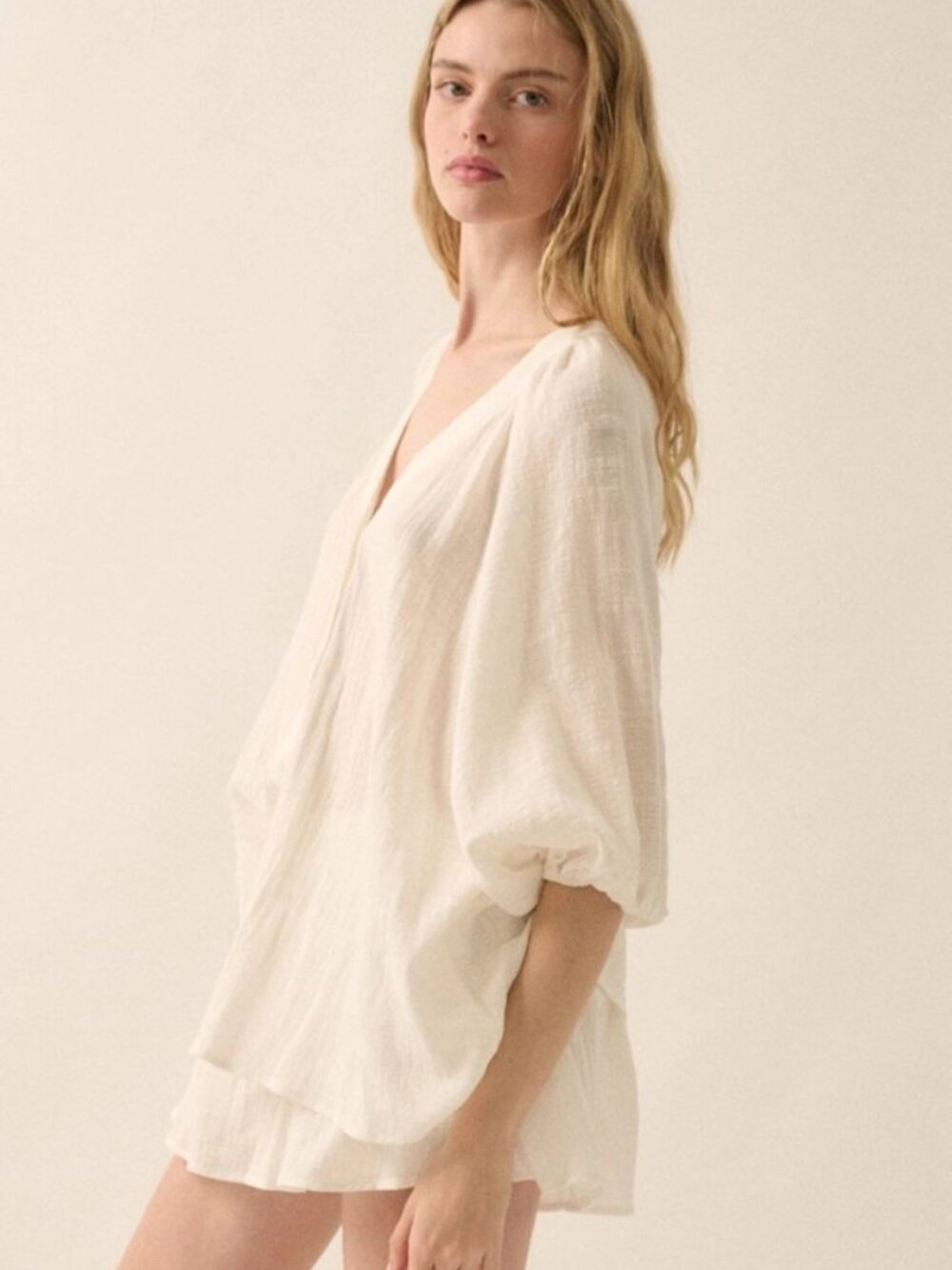Textured Button-Front Three Quarter-Sleeve Top - Picture 2 of 3